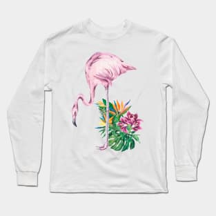 Pink Flamingo and Tropical Flowers Watercolor Art Long Sleeve T-Shirt